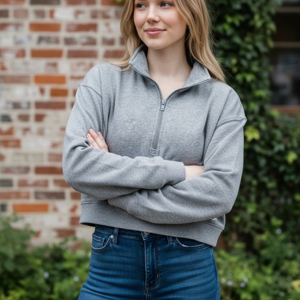Fabletics Heather Gray Quarter-Zip Sweatshirt‎
